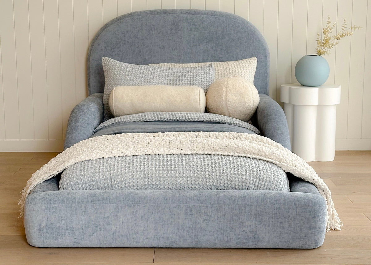 Front View of Tulum Kids bed dressed in Bunny Sky Blue