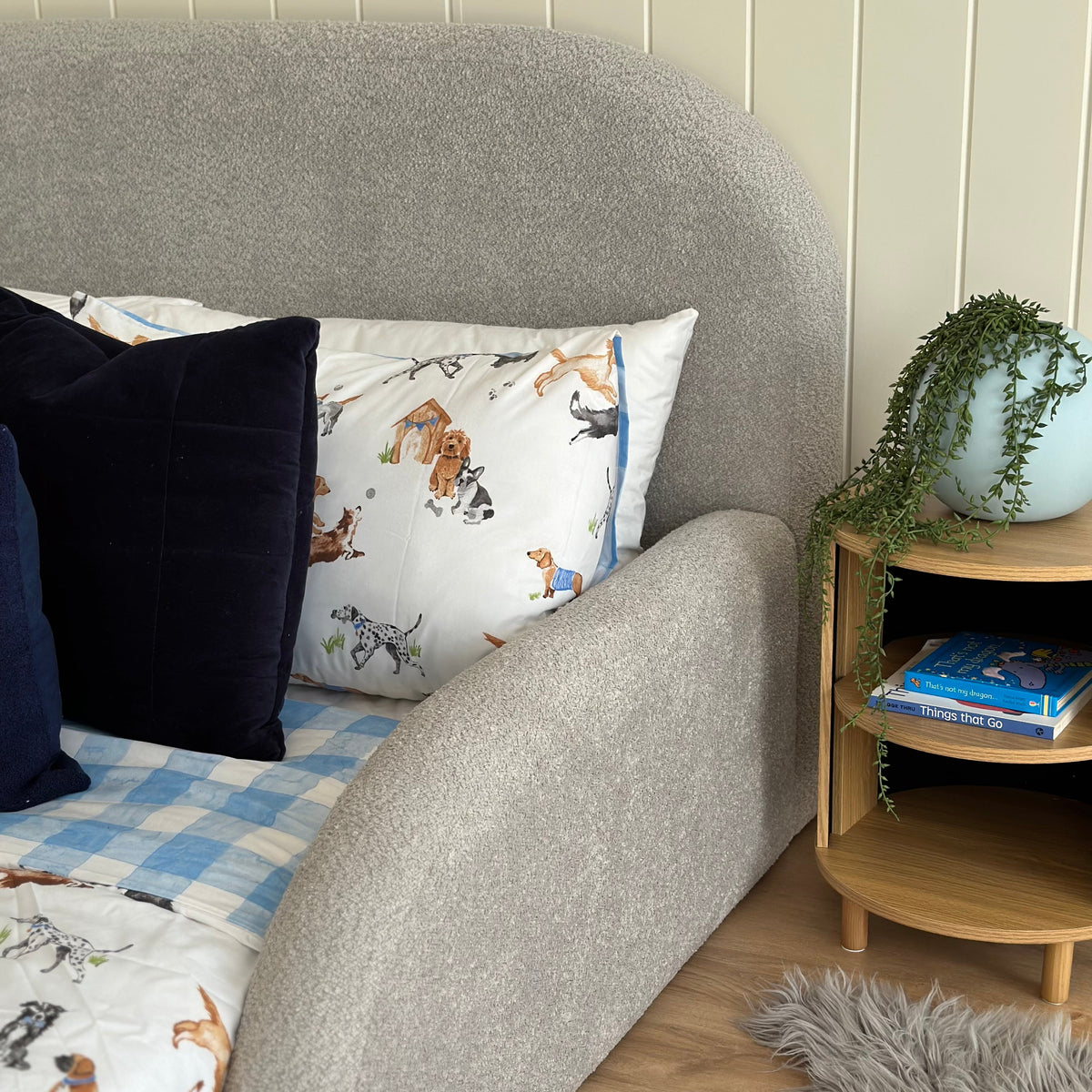 Close view of kids bed guard rail in grey boucle