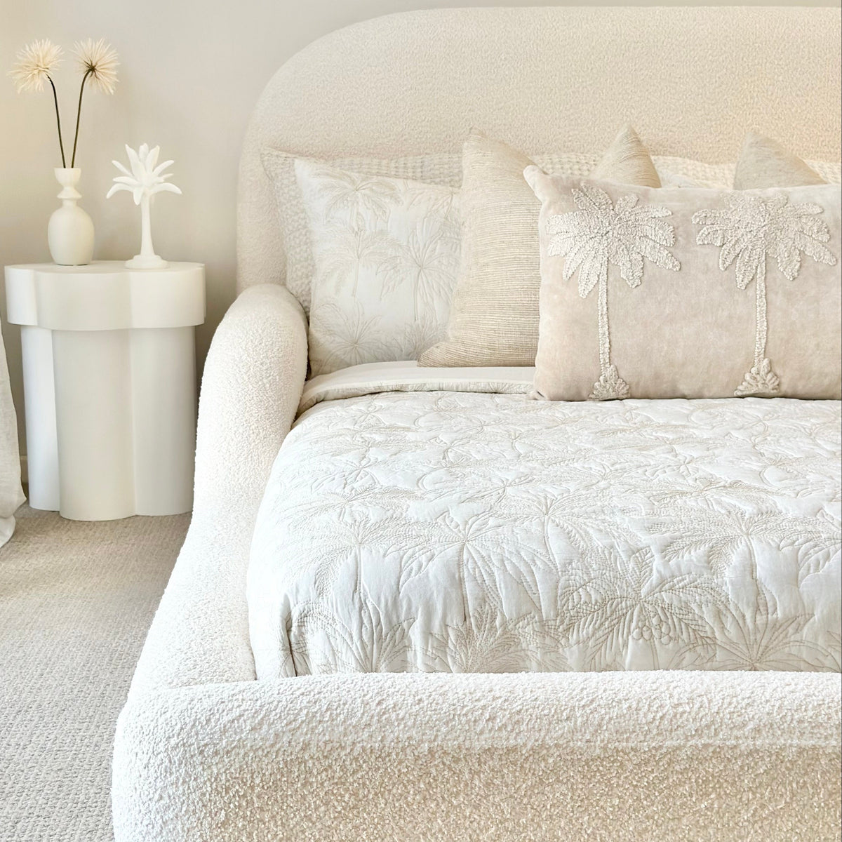 Close up of kids bed in white boucle fabric