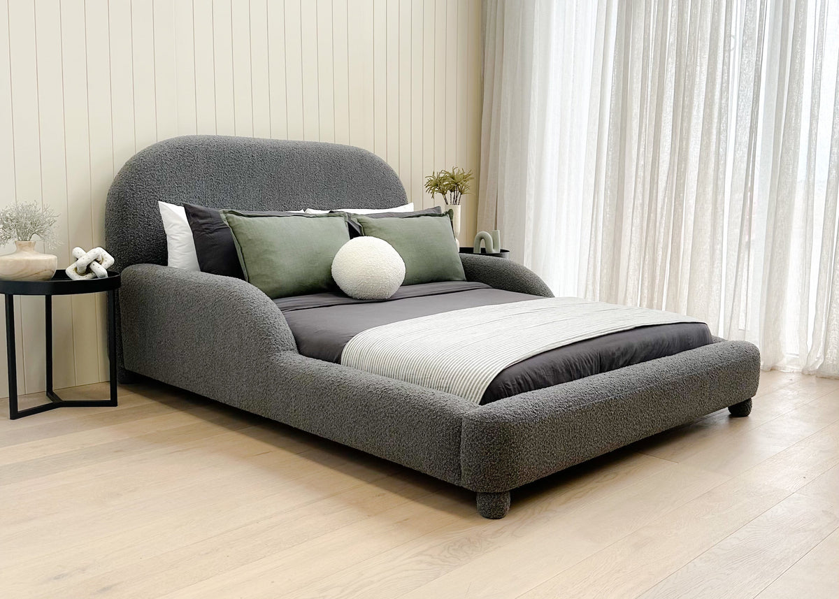 Side view of Tulum Kids Bed wshowing screw on legs dressed in Ovis Steel