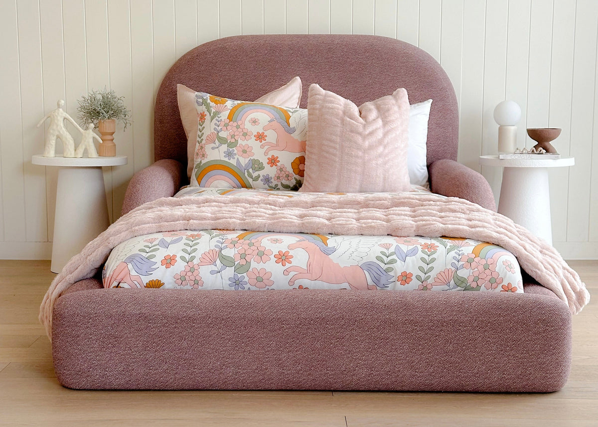 Front view of the Tulum Kids Bed by Kamari Furniture with rounded upholstered frame