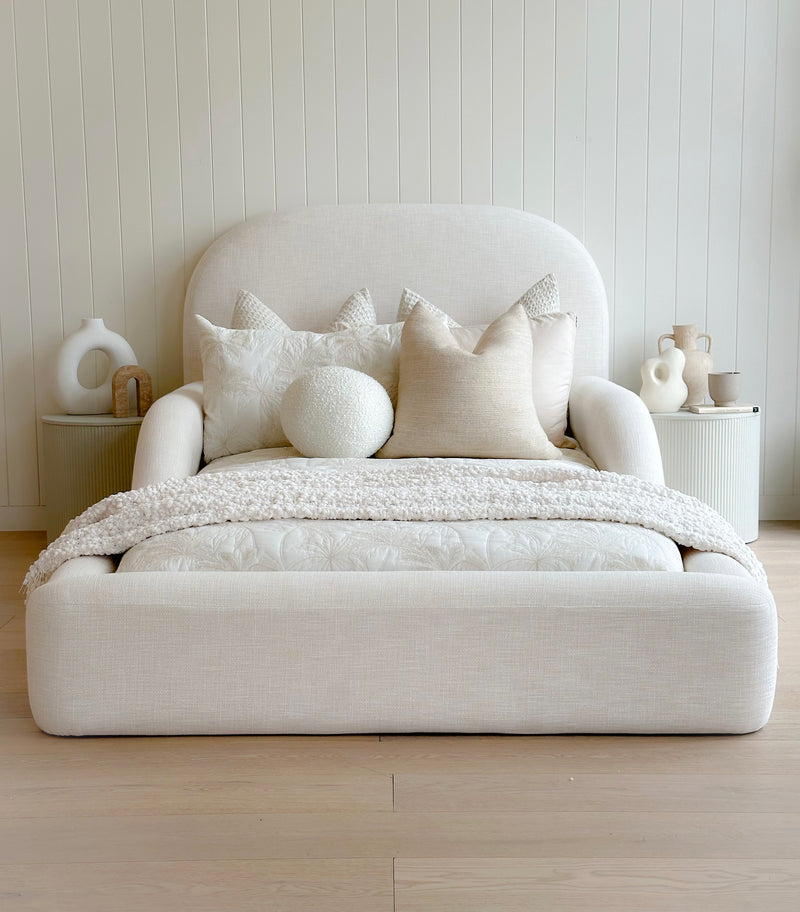 Modern kids bed with soft fabric frame and minimalist design by Kamari