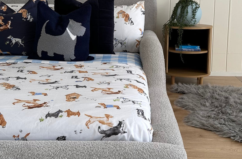 Grey boucle kids bed with guard rails