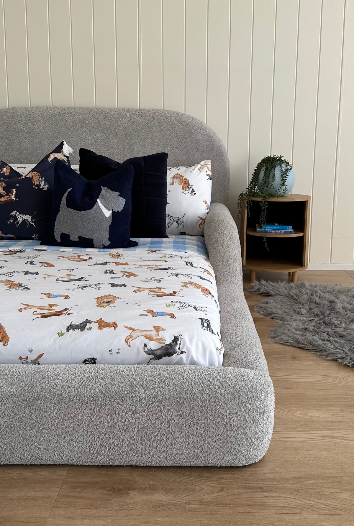 Grey boucle kids bed with guard rails
