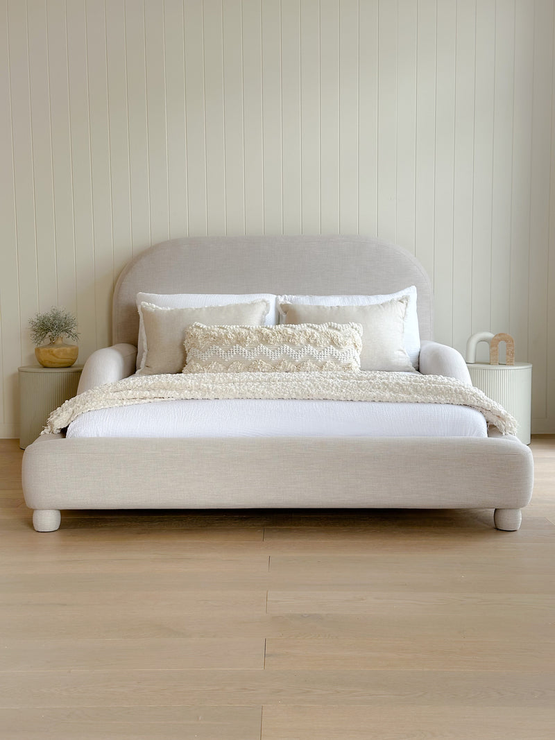Minimalist kids room featuring the Tulum Bed in soft grey fabric