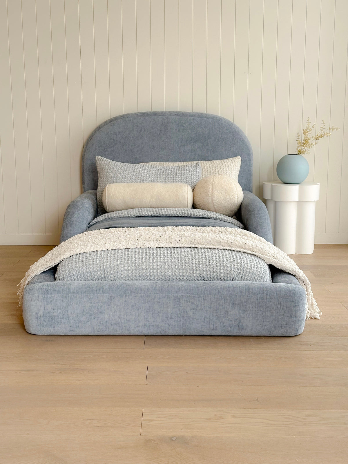 Front View of Tulum Kids bed dressed in Bunny Sky Blue