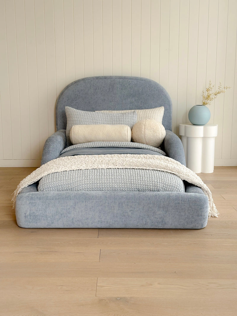 Front View of Tulum Kids bed dressed in Bunny Sky Blue