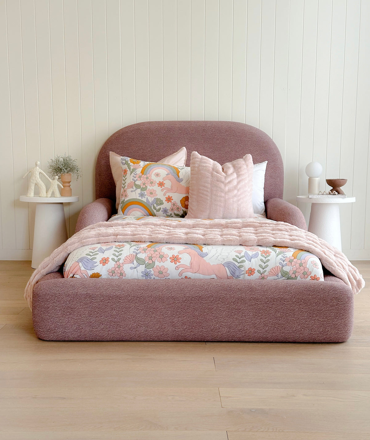 Front view of the Tulum Kids Bed by Kamari Furniture with rounded upholstered frame