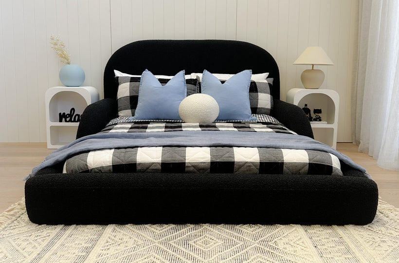 Front view of kids bed dressed in Ovis Onyx