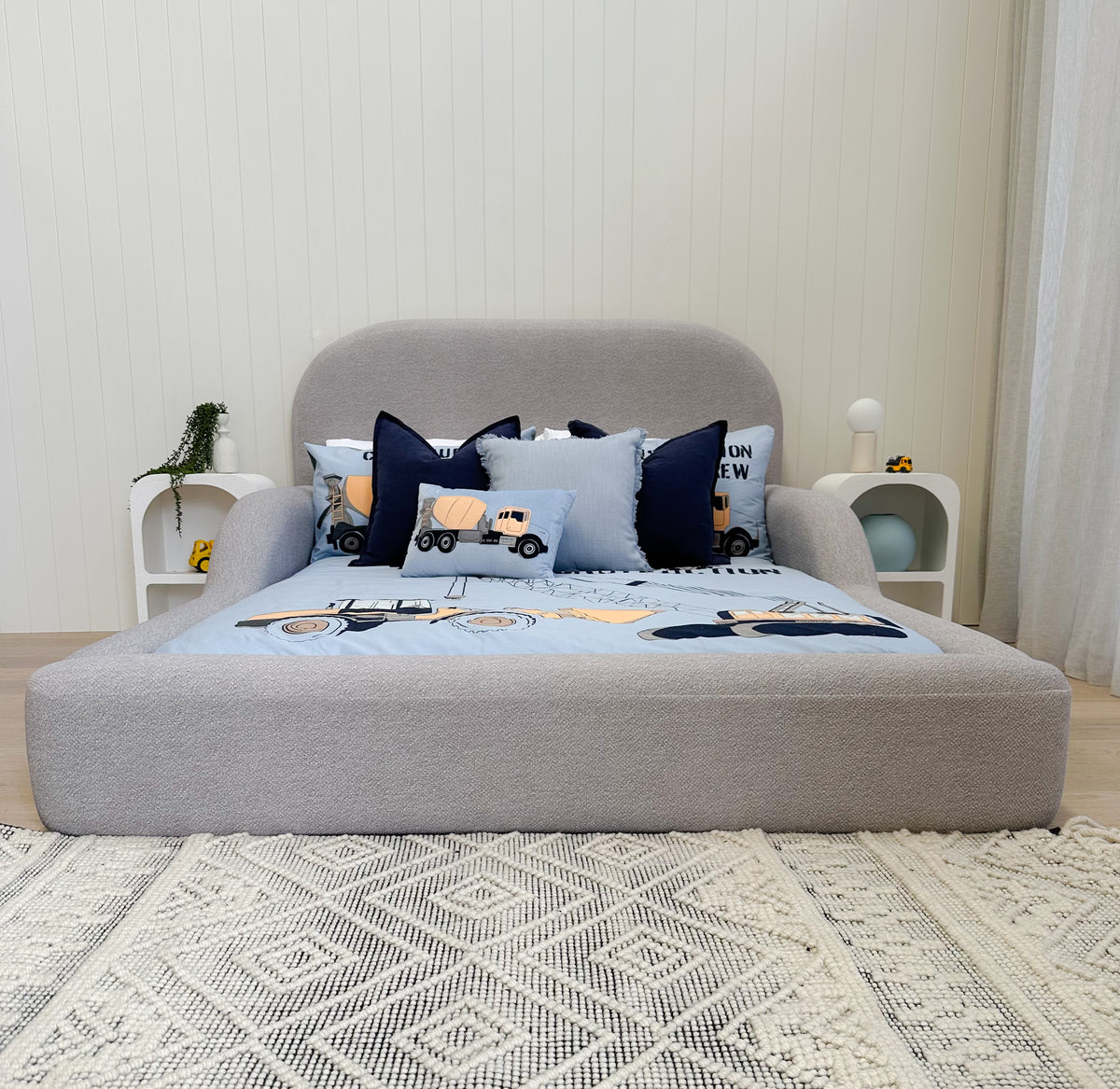 grey boucle kids bed in soft boucle fabric