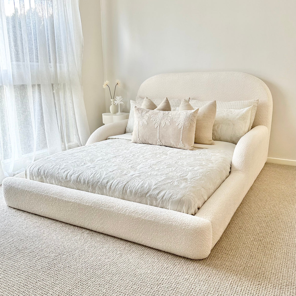 Tulum Kids Bed in white upholstery with rounded, cushioned frame by Kamari Furniture