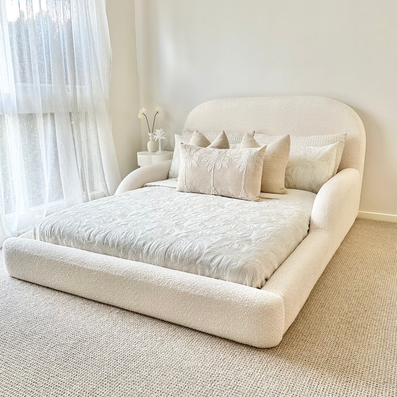 Tulum Kids Bed in white upholstery with rounded, cushioned frame by Kamari Furniture